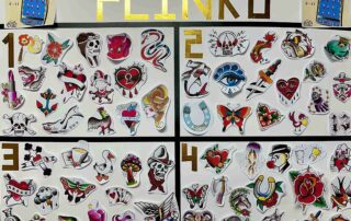 A group of tattoos with the word plinko on them.
