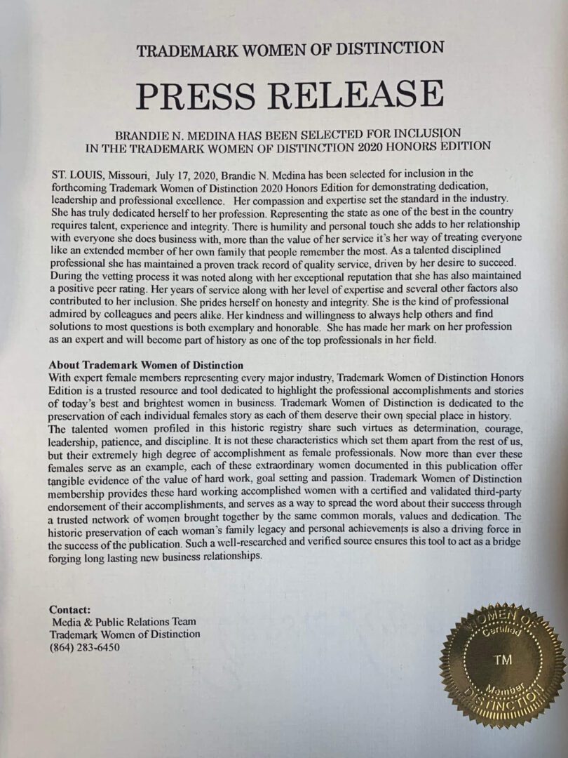 Trademark Women of Distinction press release